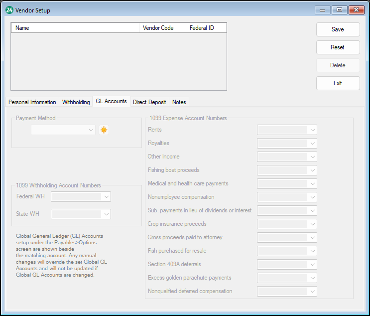 Greyed out GL Accounts screen